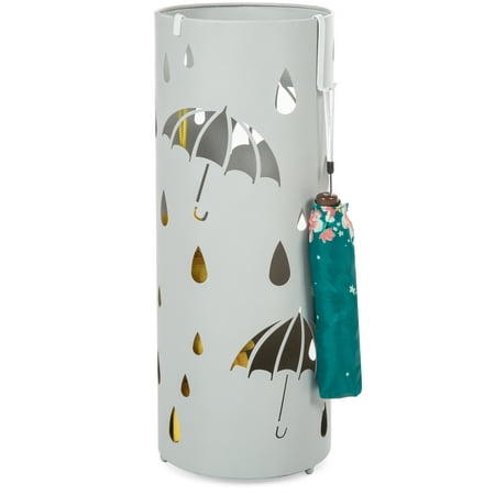 Best Choice Products Modern Spherical Metal Entryway Umbrella Storage Stand with 2 Hooks Black Drain Tray Floor Protection